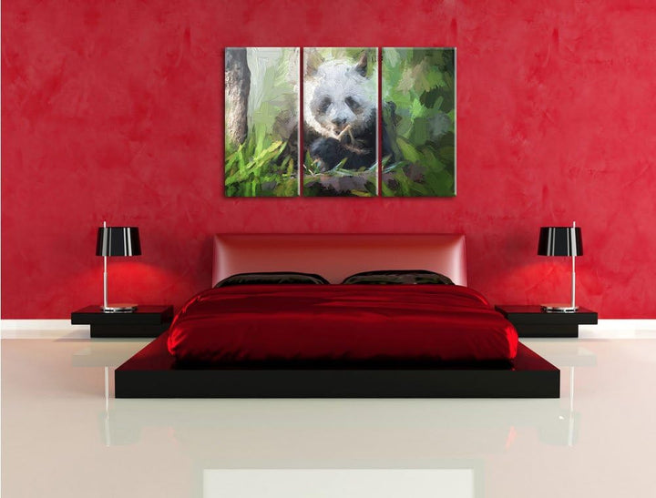 Pixxprint Niedlicher Panda isst Bambus Kunst Pinsel Effekt 3-Teiler Leinwandbild 120x80 Bild auf Lei