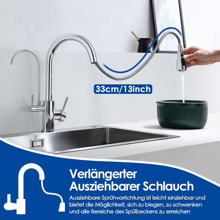 ROVOGO Chrom 3 Wege Wasserhahn Küche mit Filter, Küchenarmatur Hochdruck mit Brause Ausziehbar, 360°