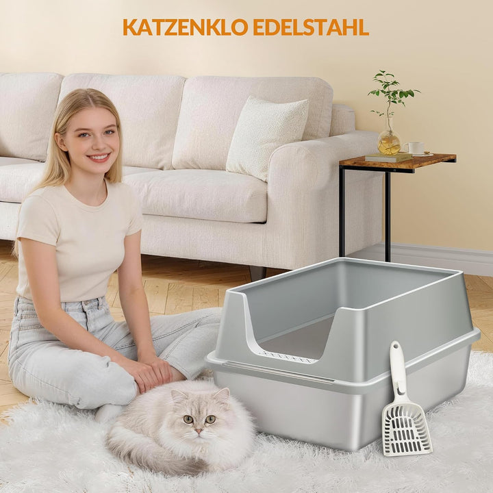 Katzenklo Edelstahl, XXL Hoher Rand Katzentoilette, Hellgrau Hellgrau 1 Stück, Hellgrau 1 Stück