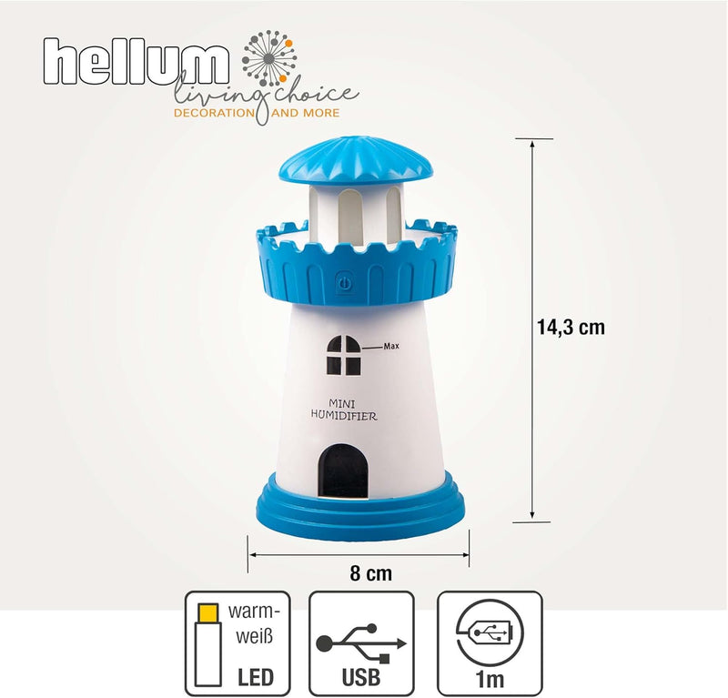 Hellum Luftbefeuchter dekorativ, tragbarer Mini Luftbefeuchter Leuchtturm in blau, Leuchtturm Diffus