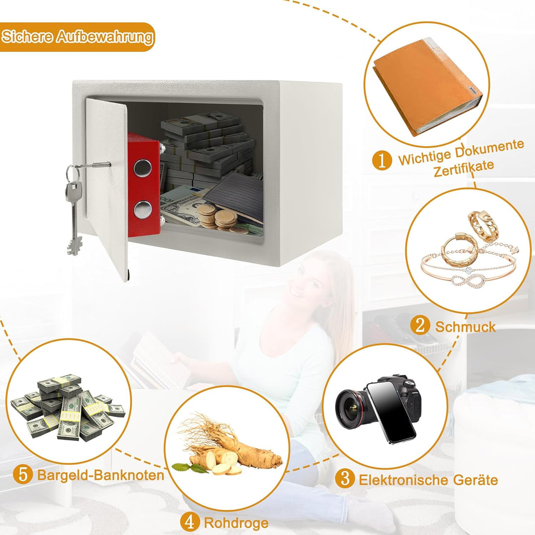 YUENFONG 31x20x20cm Safe Tresor Möbeltresor mit Doppelbartschloss, Wandsafe Schlüsseltresor inkl. 2