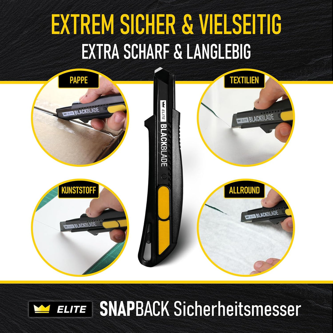 3x ELITE SNAPBACK Sicherheitsmesser Set inkl. 13x Ersatzklingen – Extrem langlebiges Universal-Cutte