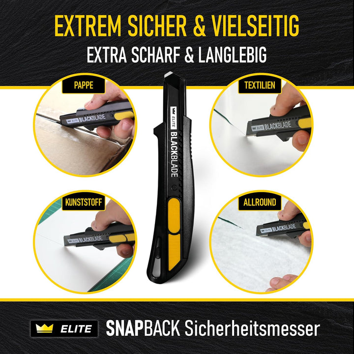 3x ELITE SNAPBACK Sicherheitsmesser Set inkl. 13x Ersatzklingen – Extrem langlebiges Universal-Cutte