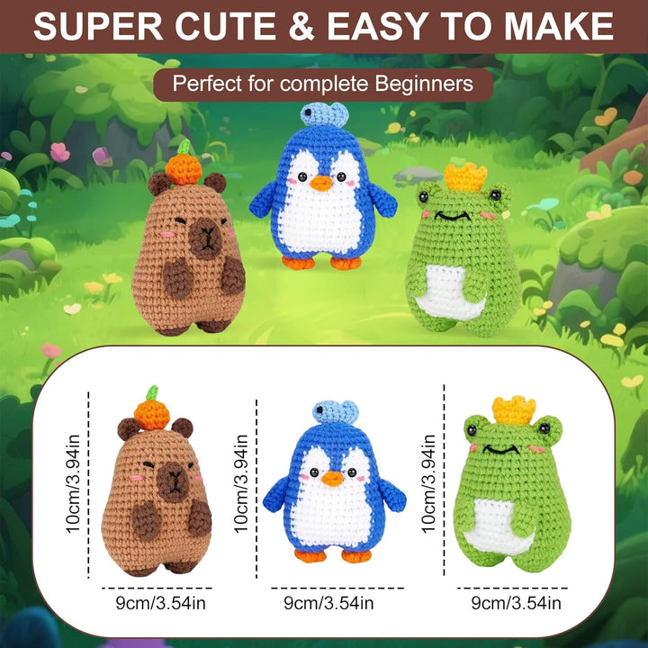 YushengTai Häkelset für Anfänger Capybara, Frosch, Pinguin - Komplettset mit Garn, Häkelnadel & Vide