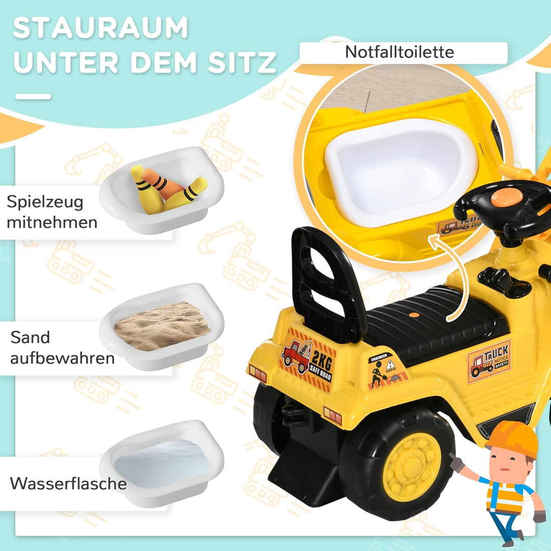 HOMCOM Sitzbagger Aufsitzbagger mit drehbarer Verstellbarer Schaufel, Hupe Kinderbagger mit Stauraum