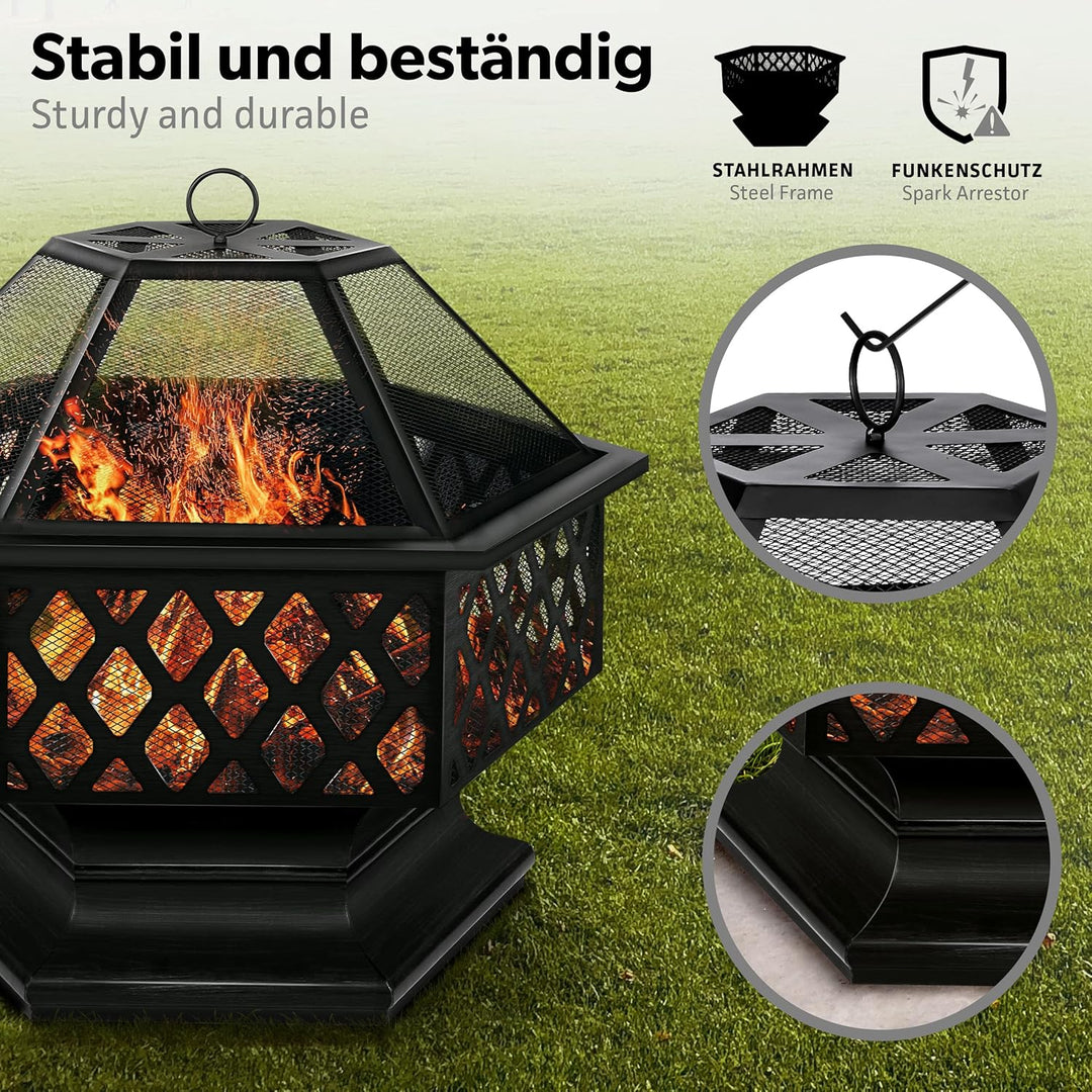 tillvex Feuerschale mit Funkenschutz & Grillrost | Feuerstelle Outdoor für den Garten | 4 in 1 BBQ G