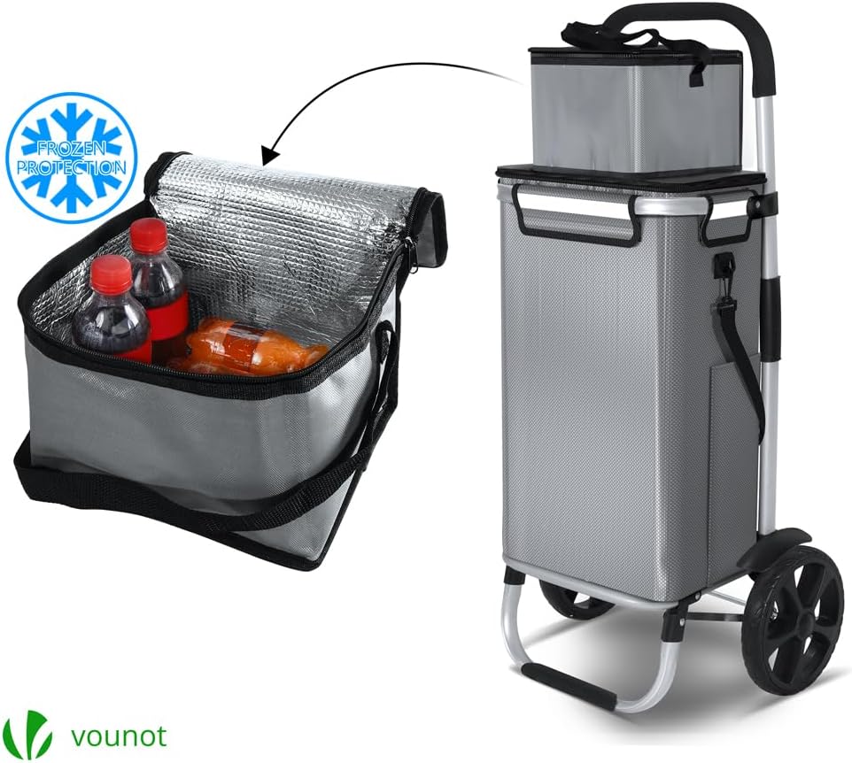 VOUNOT Einkaufstrolley Klappbar aus Aluminium mit 50L Wasserdichter Tasche und Kühlfach, 2 Extra gro