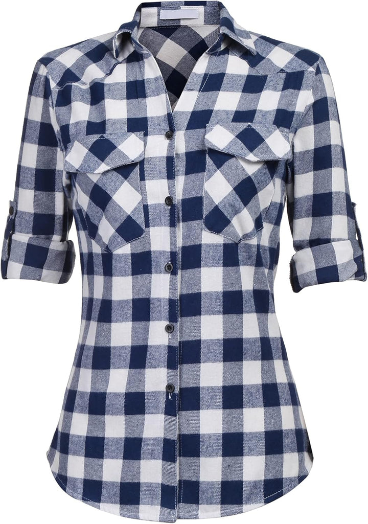 UNibelle Damen Kariertes Hemd mit Knopfleiste Kurz/Langarm Oktoberfest Bluse Karo Tunika Baumwolle T