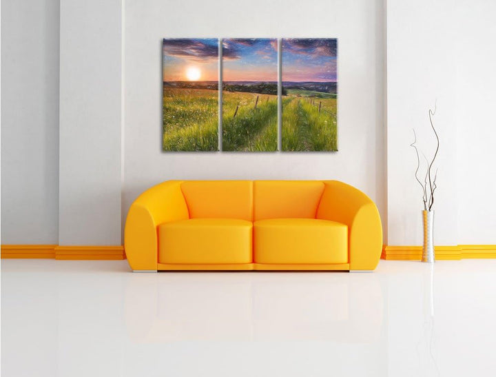 Pixxprint Bergwiese im Sonnenaufgang als Leinwandbild/Grösse: 3 Teilig (120x80) cm/Wandbild/Kunstdru