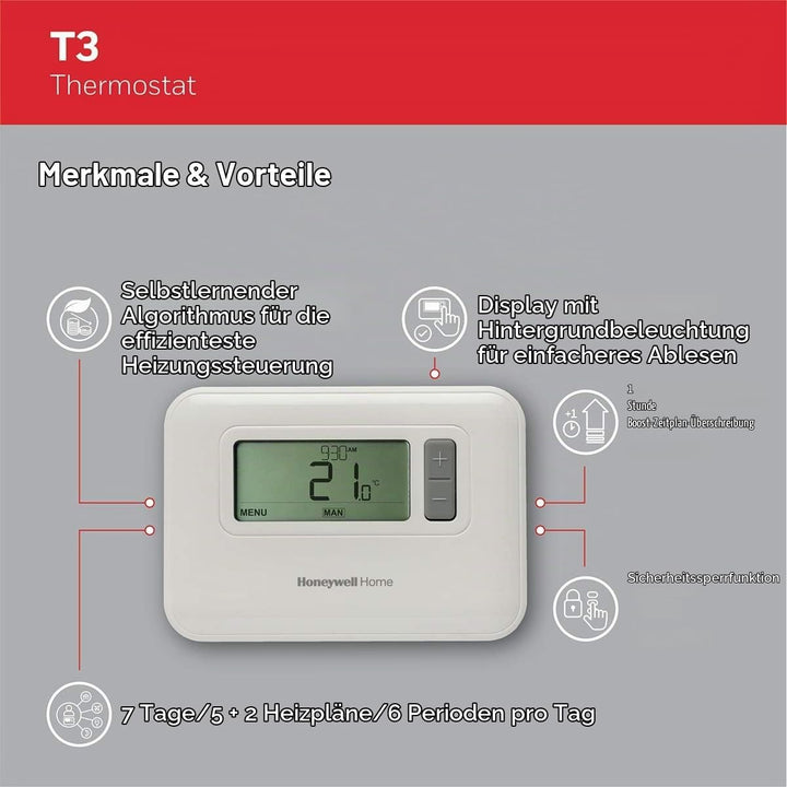 Honeywell Home T3C110AEU T3 7-Tage programmierbarer kabelgebundener Thermostat, Weiss Wire, Wire