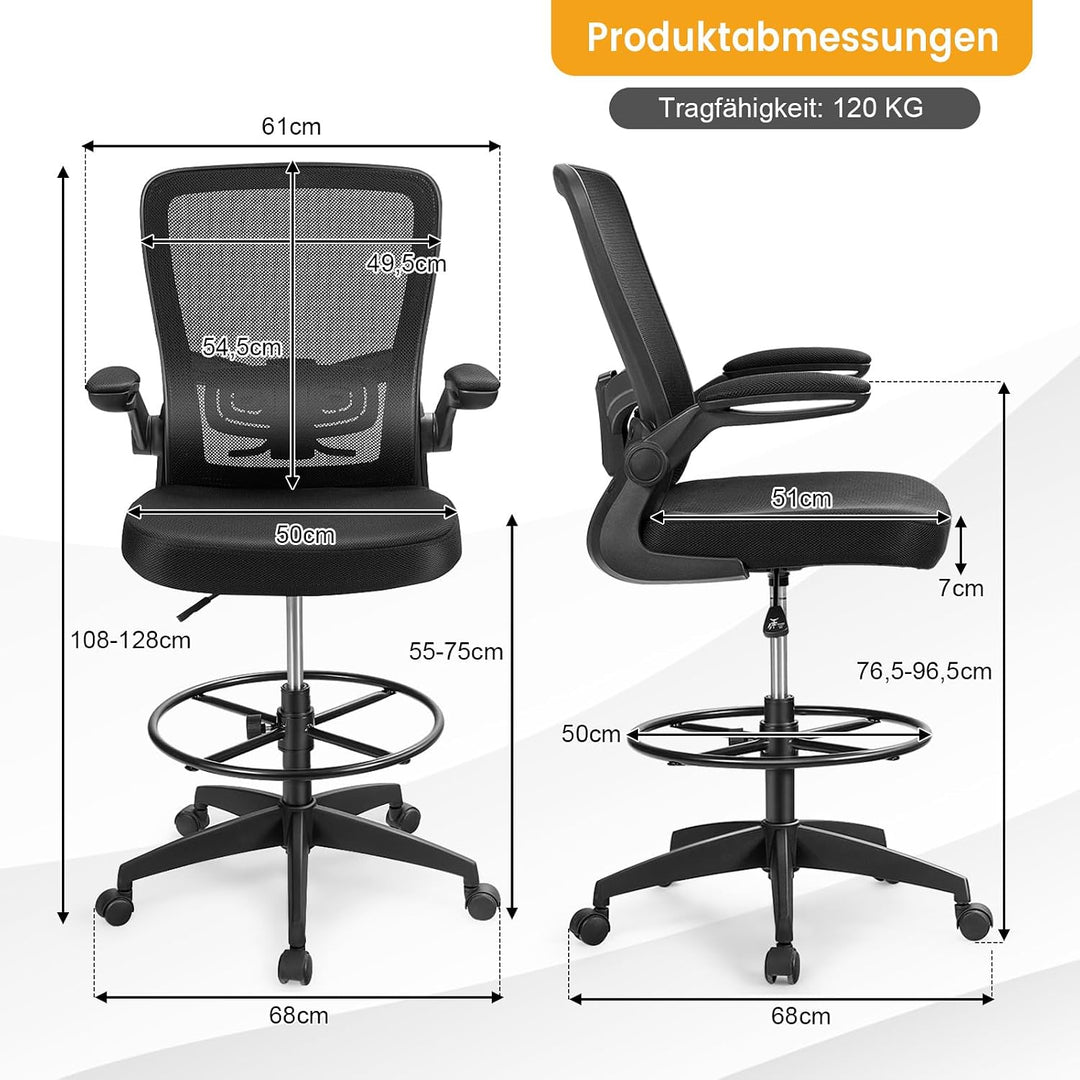 COSTWAY Arbeitsstuhl, Bürostuhl mit hochklappbaren Armlehnen und verstellbarem Fussring, Sitzhöhe 55
