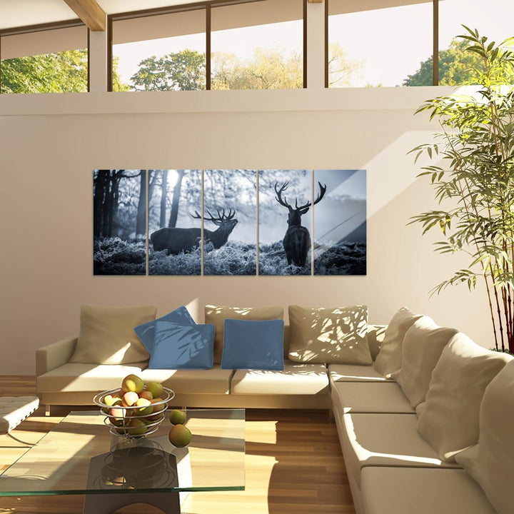 Runa Art Wandbild XXL Winter Hirsch Wohnzimmer Schlafzimmer 200 x 80 cm Grau Blau 5 Teilig - Made in