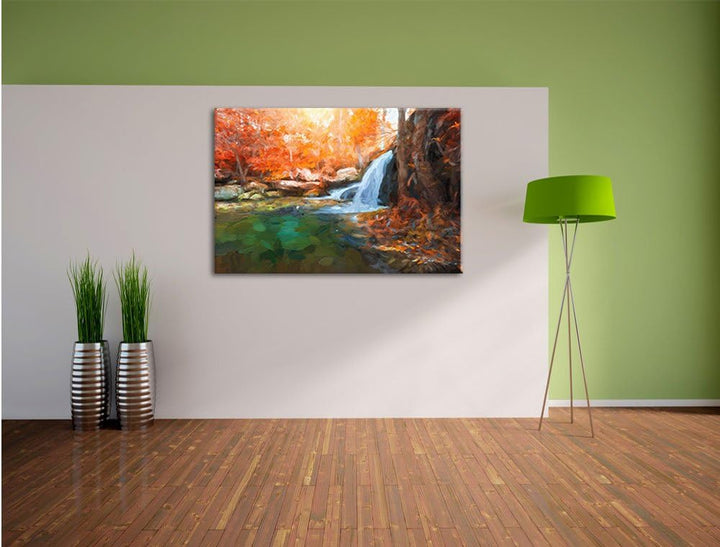 Pixxprint Wasserfall im Wald / 100x70cm Leinwandbild bespannt auf Holzrahmen/Wandbild Kunstdruck Dek