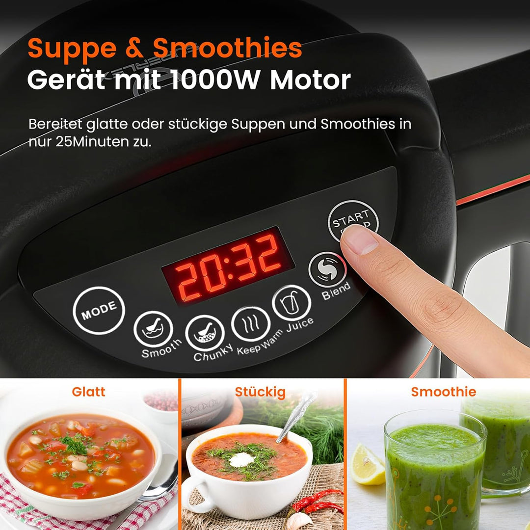 Suppenbereiter 1,6L Edelstahl 1000W Elektrischer Suppenkocher mit 4 Programmen Timer Warmhaltefunkti