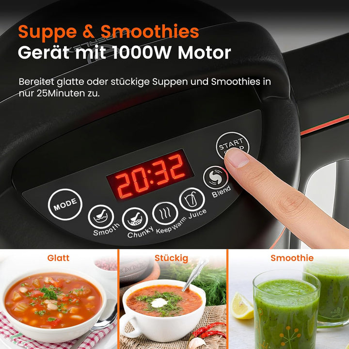 Suppenbereiter 1,6L Edelstahl 1000W Elektrischer Suppenkocher mit 4 Programmen Timer Warmhaltefunkti