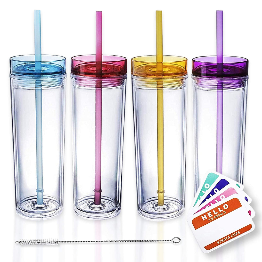 STRATA CUPS Skinny Tumblers Acryl-Trinkgläser mit Deckel und Strohhalmen, doppelwandig, transparent,
