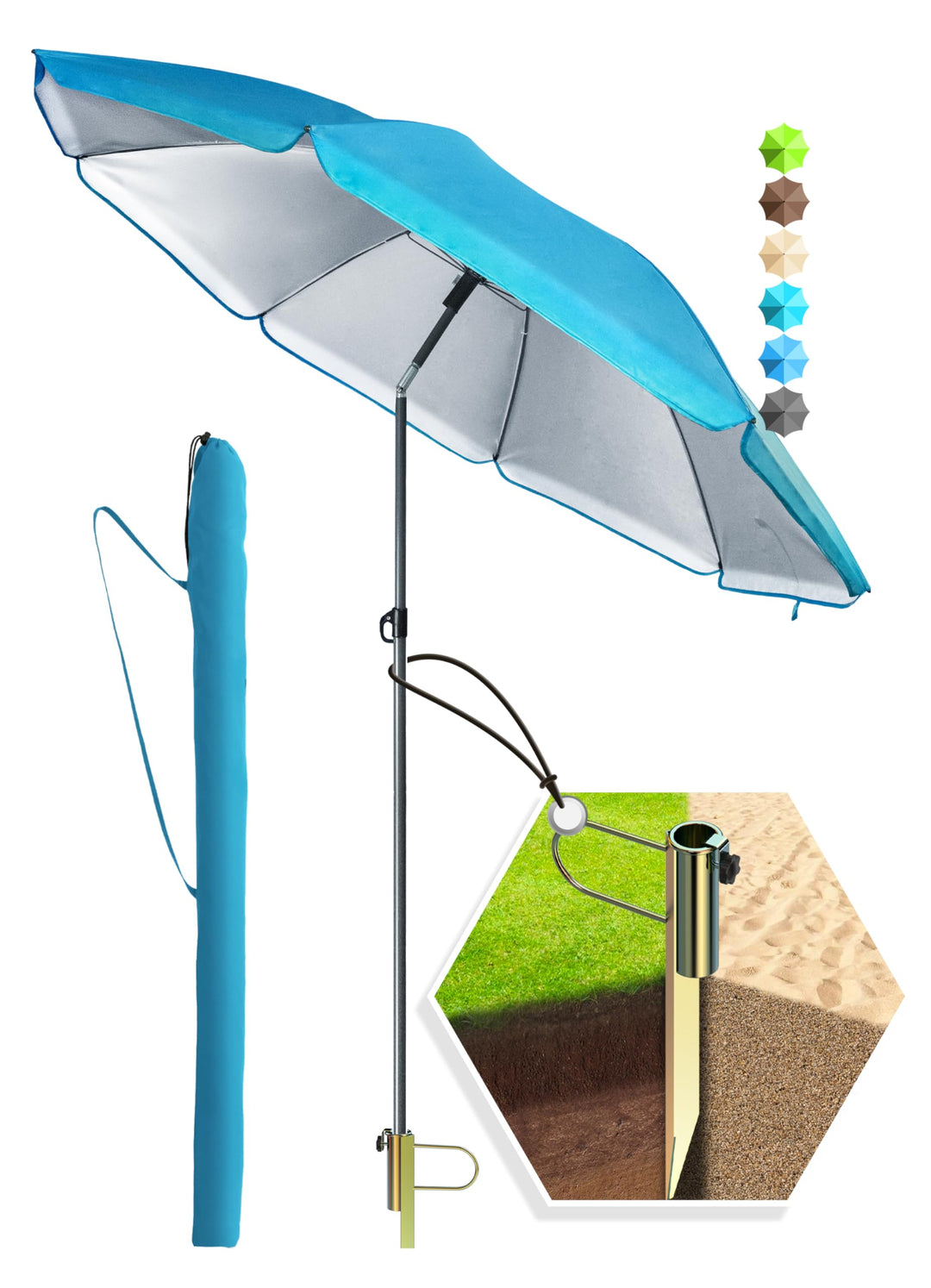 4smile Sonnenschirm Strand SunnyJoy in Blau, 3er Set - Strandschirm windfest stabil + Rasendorn Sonn