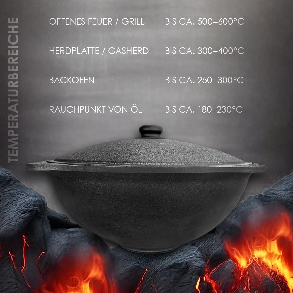 Gusseisen Kazan Uzbekisch 6L Aluminiumdeckel Schaumlöffel für Plov, 40 cm Usbekistan Kochtopf WOK Pl