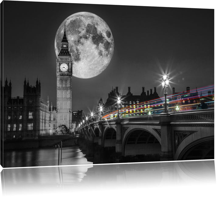 Big Ben vor dem Mond in London schwarz/weiss Format: 100x70 auf Leinwand, XXL riesige Bilder fertig