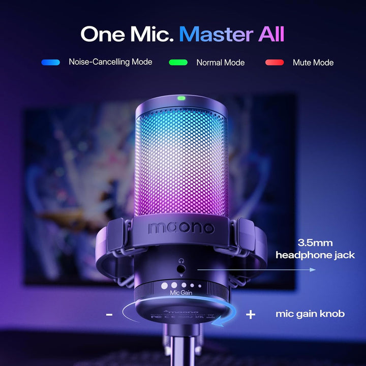 MAONO Gaming USB Mikrofon, Noise Cancellation Kondensator Mic mit Mute, Gain, Monitoring, Galgenarm,