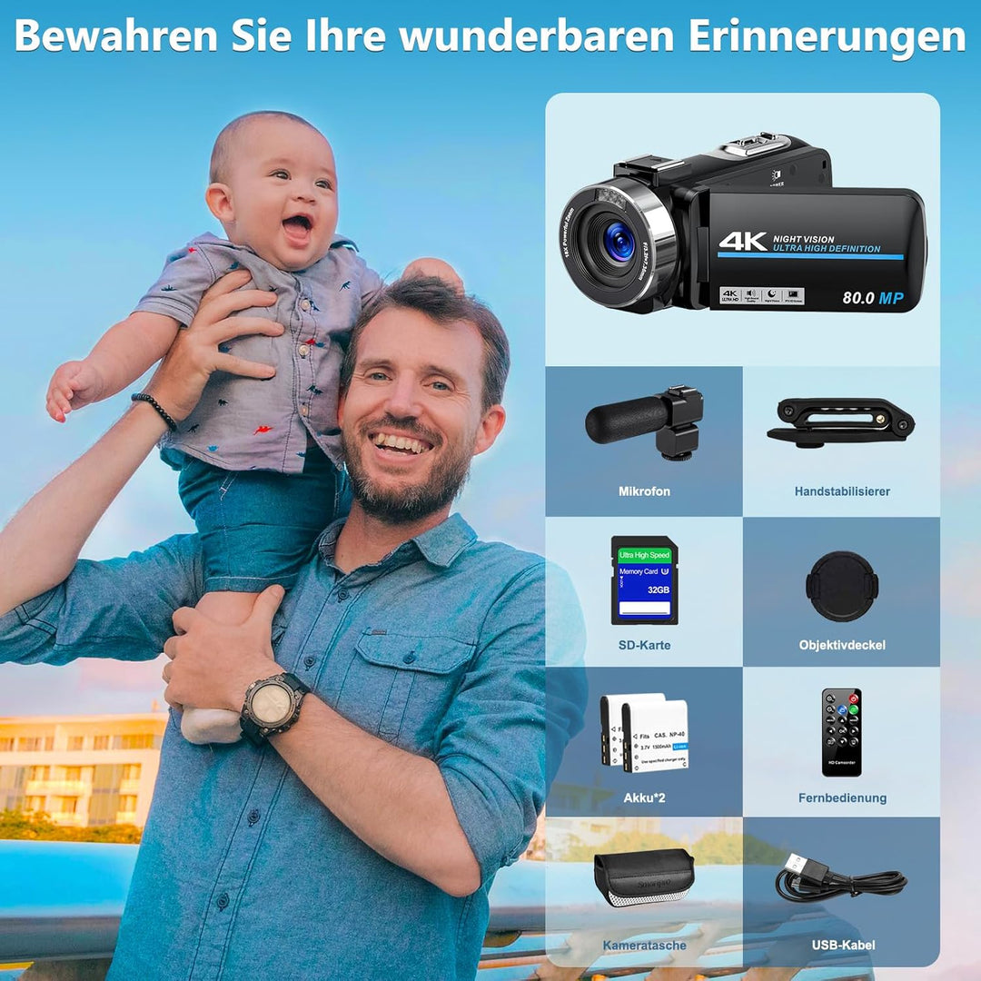 Videokamera 4K 80MP Camcorder für YouTube,30FPS Webcam IR Nachtsicht Vlogging Kamera,18X Digitalzoom