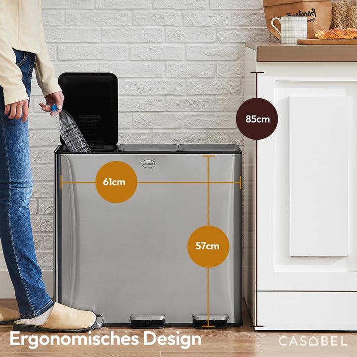 CASABEL Mülleimer Küche 60 L - Mülltrennsystem 3 x 20 L aus Rostfreiem Edelstahl, Rechteckiger Recyc