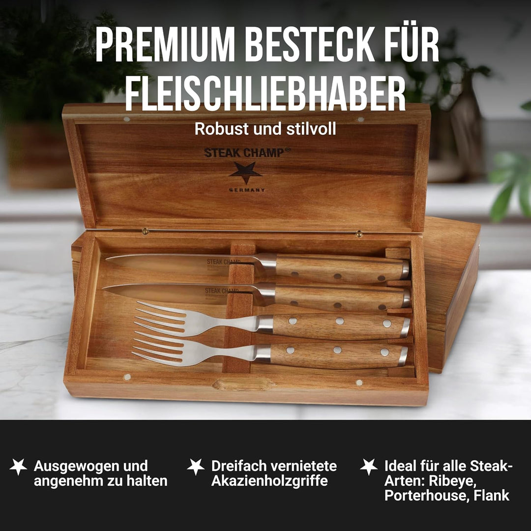 Steak Champ Fleischgabel und Steakmesser, 2 x 2 Stk.: Gabeln und Messer aus Klingenstahl, mit Mikrow
