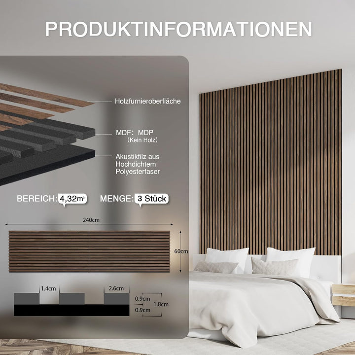 Faltbar Akustikpaneele Holz 240x60cm-3 Stück(4,32m²)|3D Wandpaneele mit Holzfurnier & Filz|Holzpanee