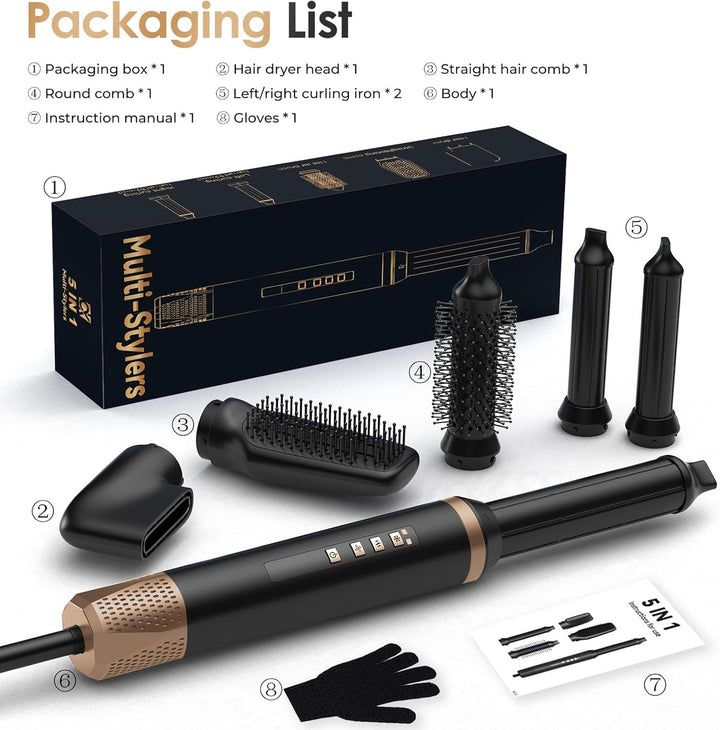 Airstyler Set 5in1, Professioneller Warmluftbürste Set 1400W,Multifunktionaler Hairstyler,Lockenstab