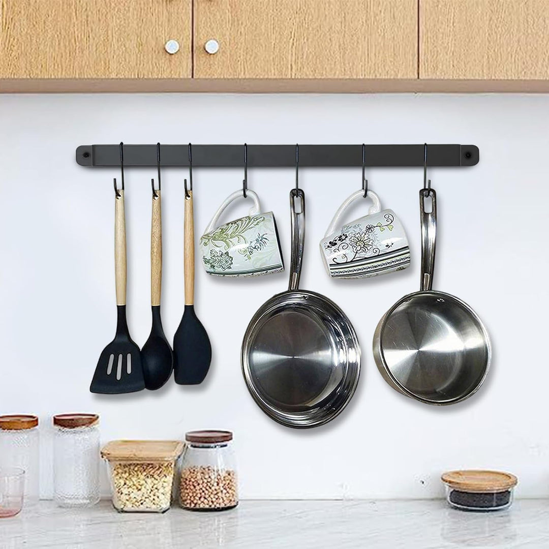 Küchenschiene Wandmontage aus Schwarzem Eisen mit 10 S-Haken (43,5 cm) – Utensilienregal, Hängende P