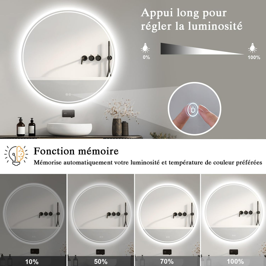 Badspiegel mit Beleuchtung - Badezimmer-Spiegel-LED mit Beschlagfrei, Touch-Schalter, Dimmbar, 3 Lic