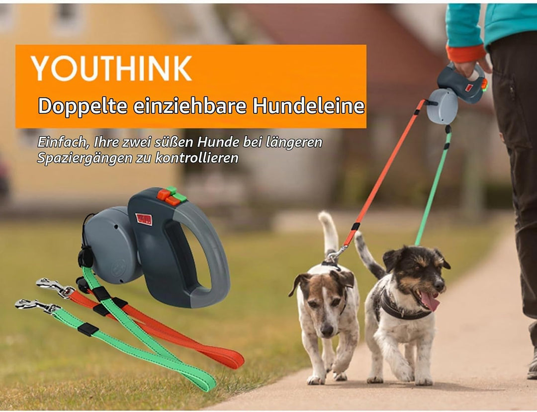 3 Meter Einziehbare Hundeleine, Doppelte Hundeleine für 2 Hunde, Ausziehbare Leine, Reflektierendes