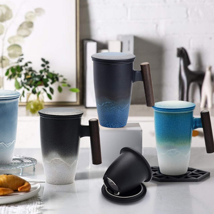 suyika Tomotime Keramik-Teetasse mit Teesieb und Deckel, Holzgriff, 400 ml, Cyanblau, 04-blau und We