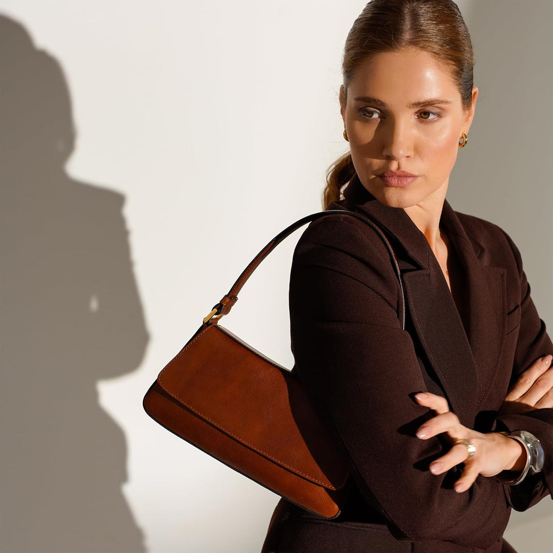 Time Resistance Lederhandtasche - Geldbörse aus Vollnarbenleder für Damen - Umhängetasche Cognac-bra