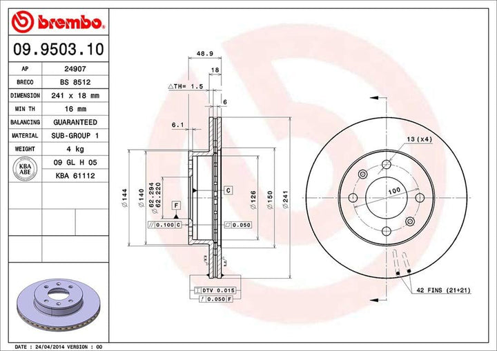 Brembo 09.9503.10 Bremsscheibe - Paar