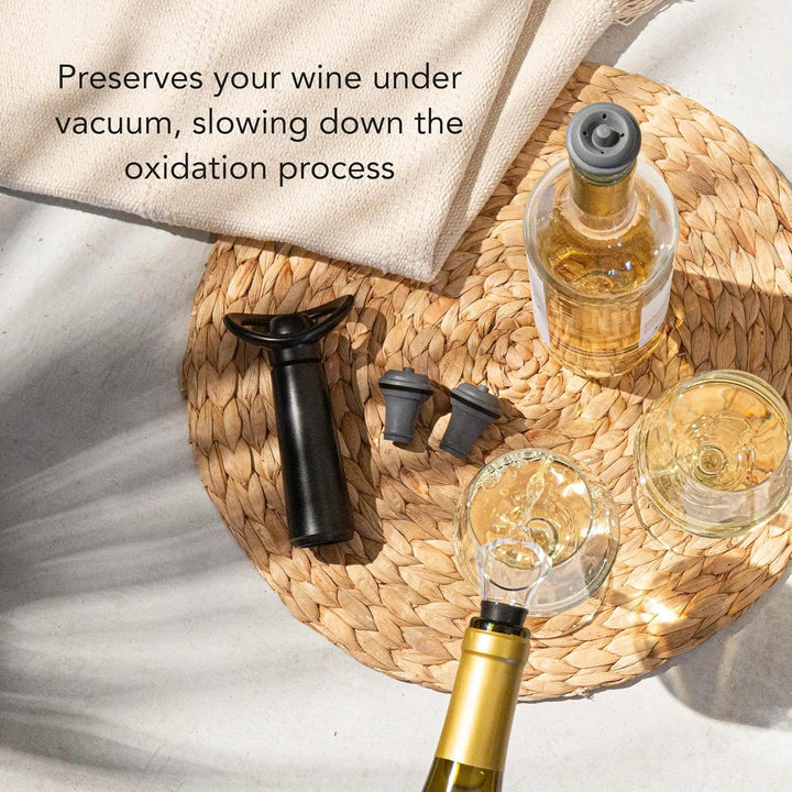 Vacu Vin Weinpumpe Concerto - Schwarz - 1 Pumpe 4 Stopper - Vakuumpumpe mit Weinflaschenverschluss -