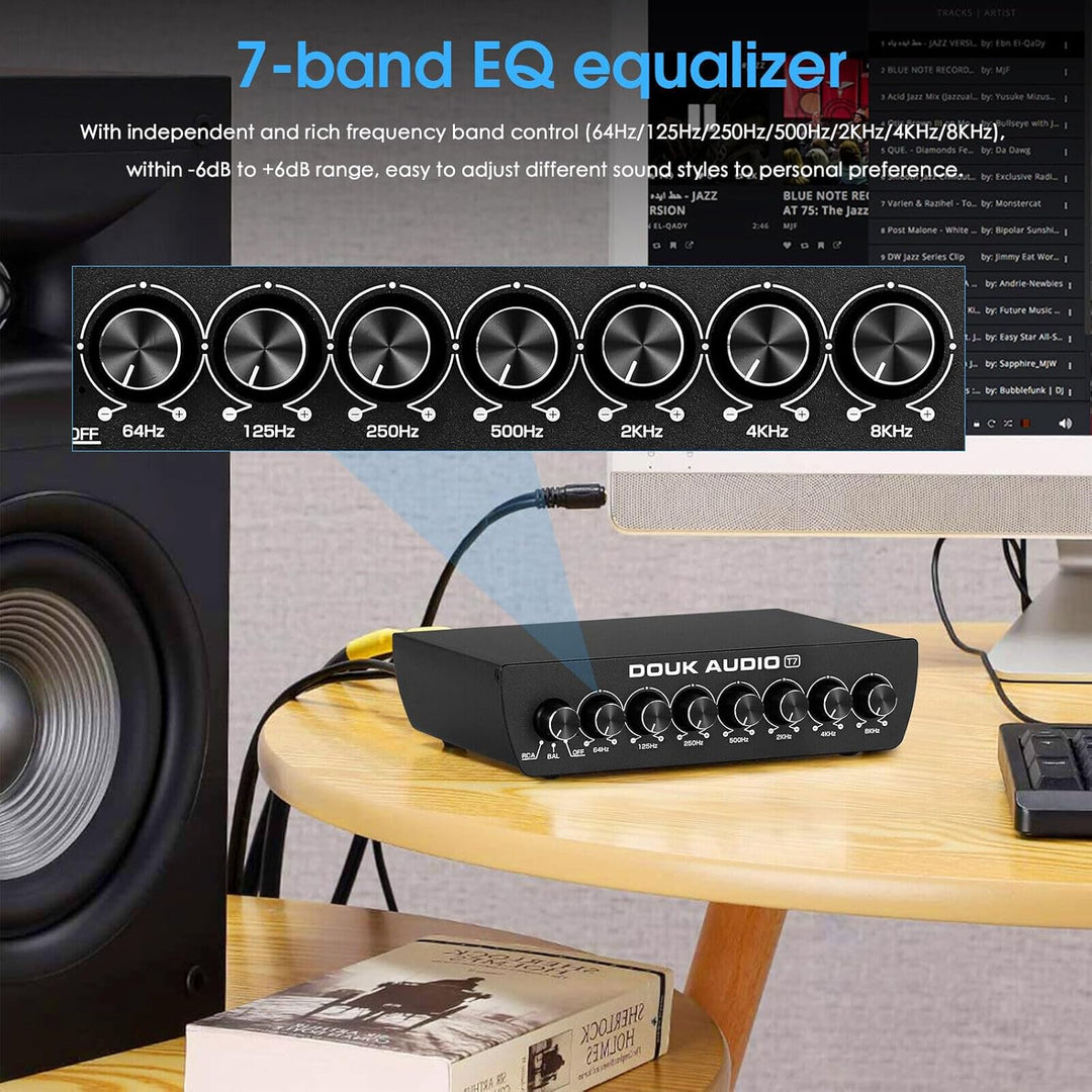 Douk Audio T7 7-Band Equalizer, Ausgewogener XLR/RCA Vorverstärker für Heimverstärker