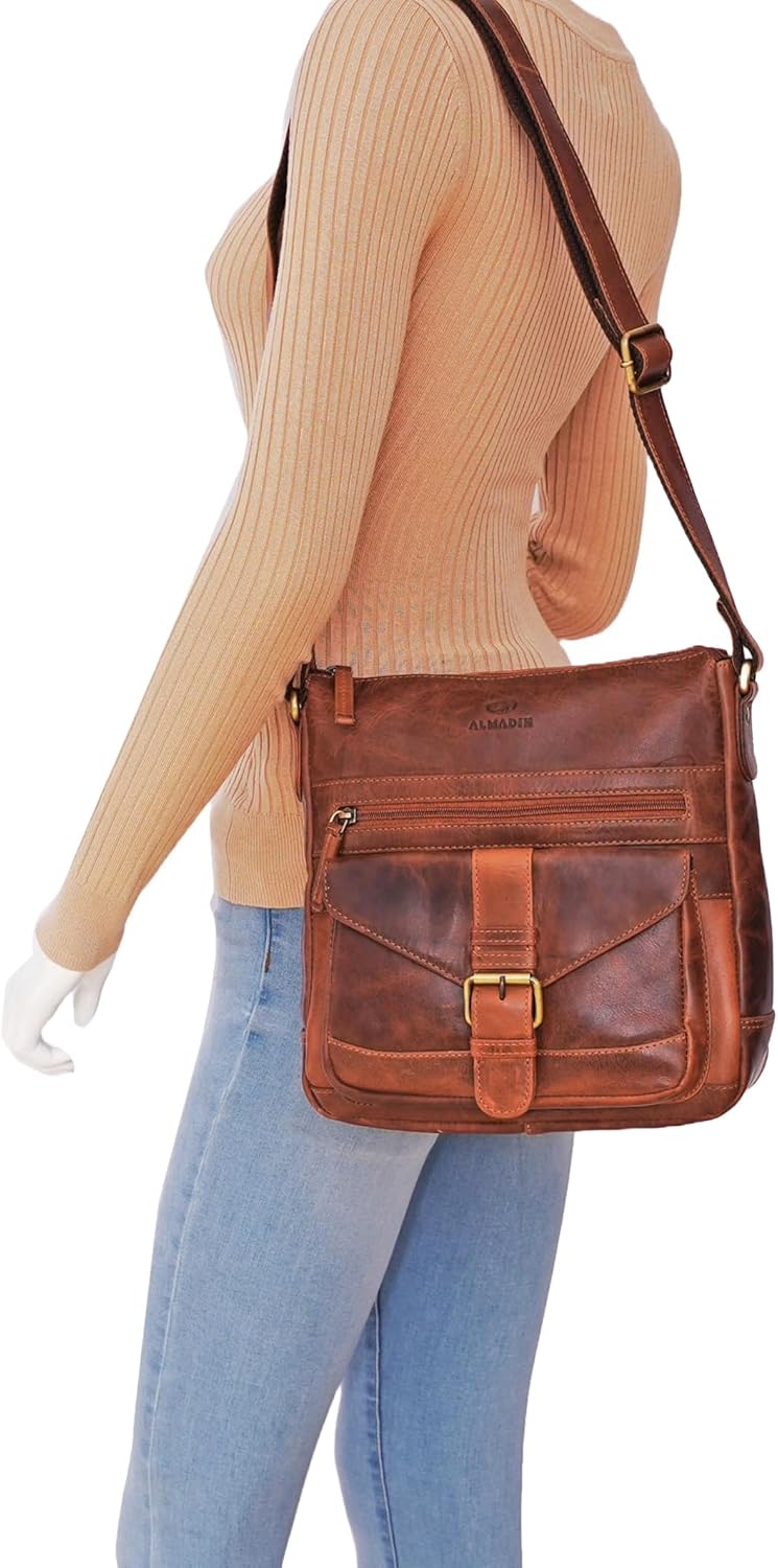 ALMADIH Premium Leder Damentasche Umhängetasche Abby - praktische Ledertasche Handtasche Schultertas