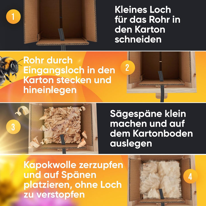 BEESI Hummelhaus gross inkl. Nistmaterial I Kapok, Nistkarton, Holzspäne I Hummelhotel Massivholz ve