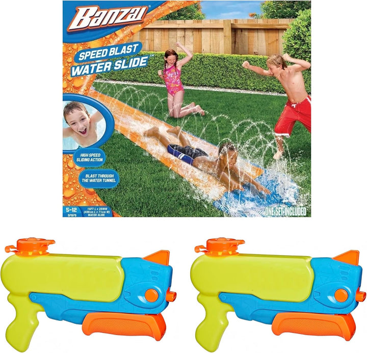 BANZAI Outdoor Party Pack: 1 Rasen-Wasserrutsche 4,88m & 2 Wasserblaster kompatibel mit NERF Super S