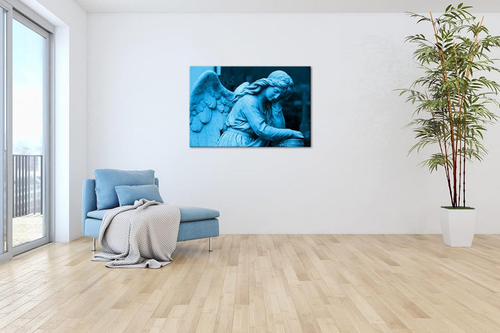 deyoli einsamer Steinengel Format 80x60 Effekt: Monocrome Blau als Leinwandbild, Motiv fertig gerahm