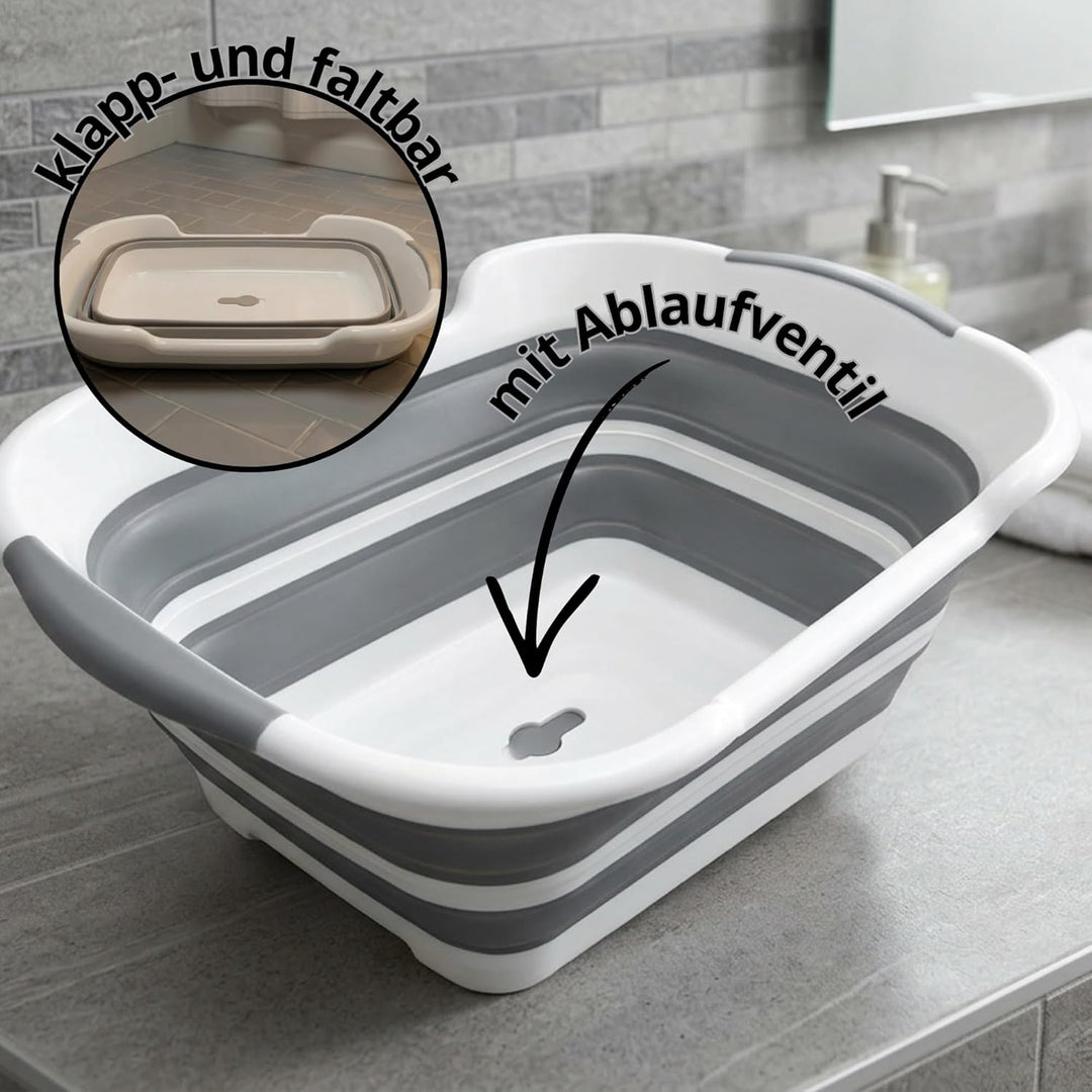 Faltbarer Korb mit Beinen und Abfluss. Multitalent Spüle, Einkaufen, Wäsche, Hundebad