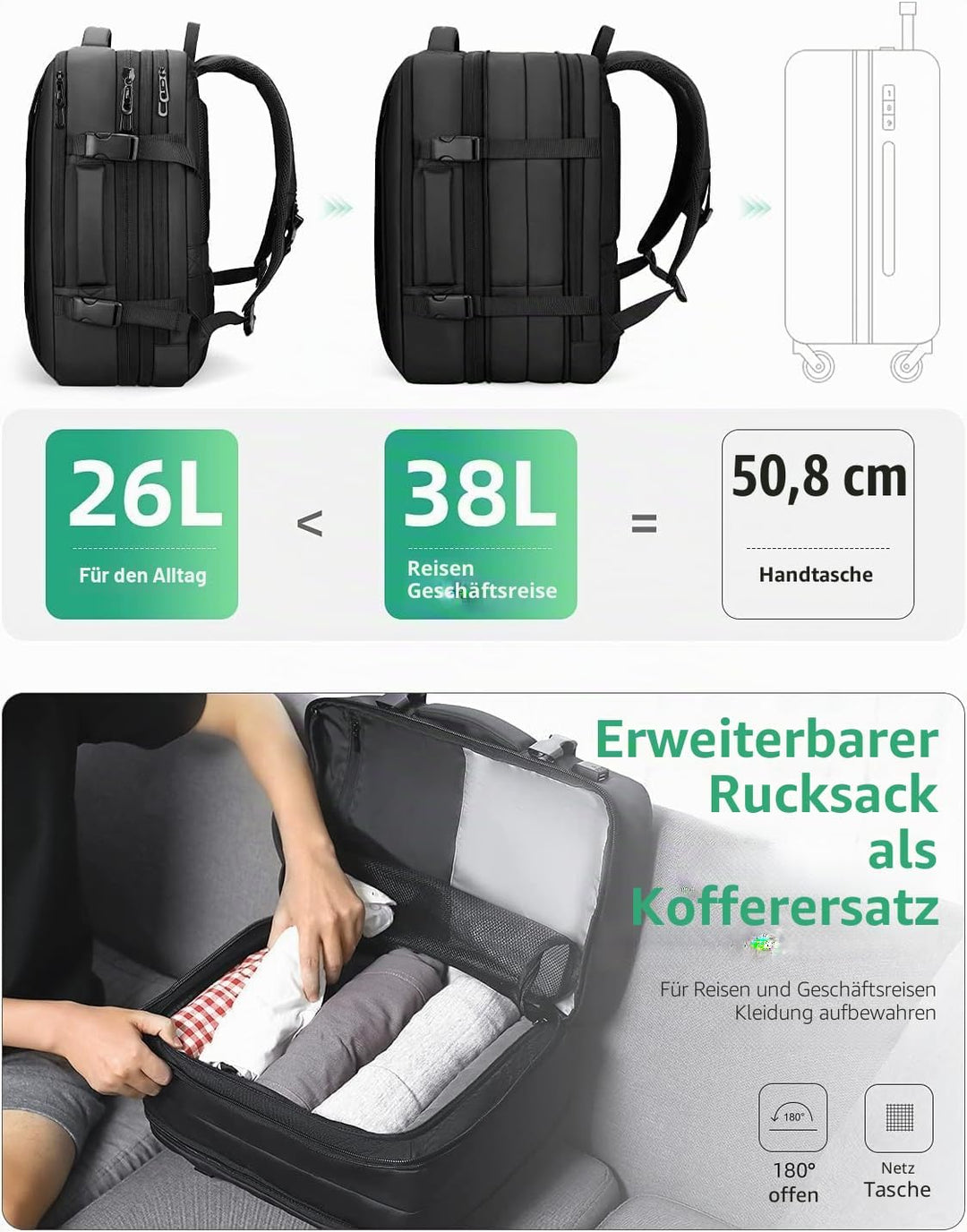 MARK RYDEN Erweiterbarer 26L-38L Rucksack,Business Herren, Laptop-Tasche 17 Zoll,Hydrophobe Stoffe,