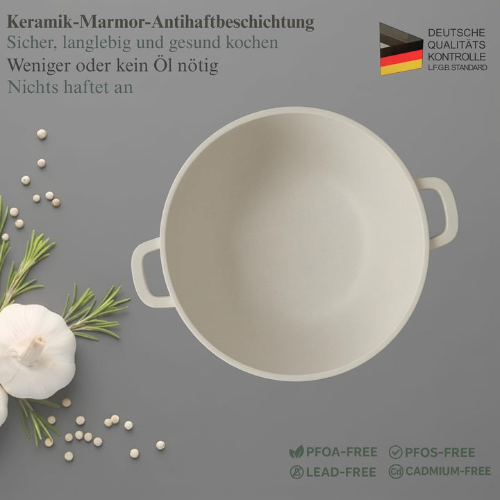 GOLDMANN Premium Gussaluminium Kochtopf 28 CM (6.5L) – Keramik-Marmor Antihaft-Kasserolle mit Glasde