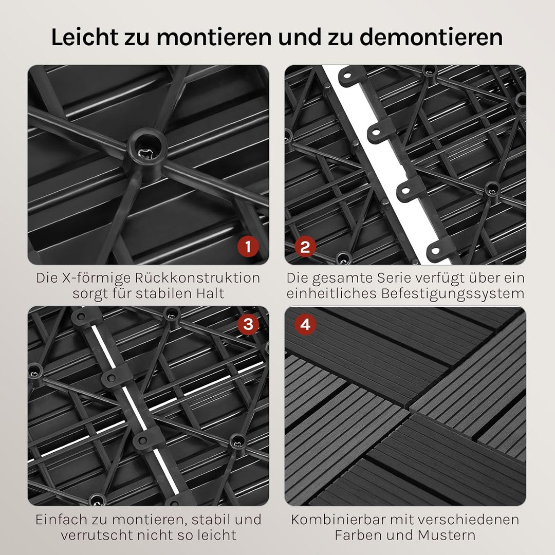 WOLTU WPC Terrassenfliesen Terrassendielen Holz-Optik 30x60cm, Fliese Bodenfliese Klickfliese mit kl