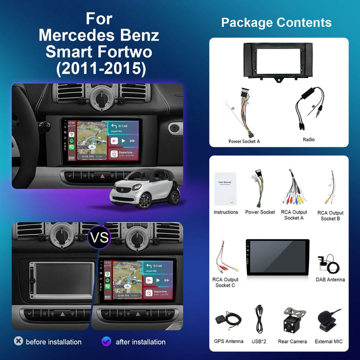 [Eingebaut DAB] - Android 15 IPS Autoradio für Benz Smart Fortwo (2011-2015) - Kabellos Carplay/Andr