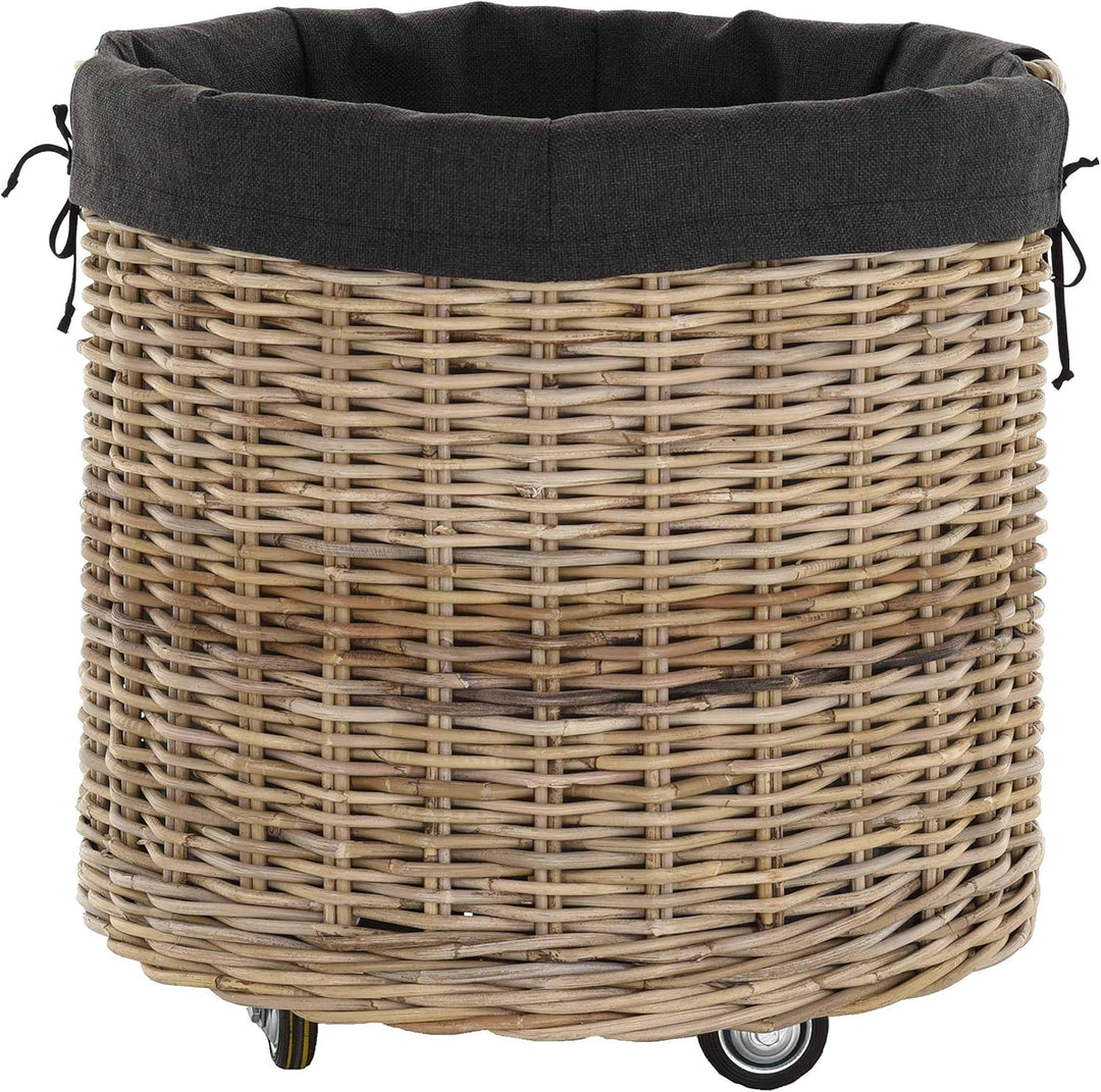Grosser Rollkorb mit Griffen/Holzkorb mit Rollen aus grauem Natur Rattan/Aufbewahrung Holz-Wagen Räd