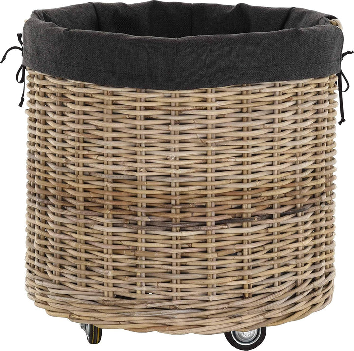 Grosser Rollkorb mit Griffen/Holzkorb mit Rollen aus grauem Natur Rattan/Aufbewahrung Holz-Wagen Räd