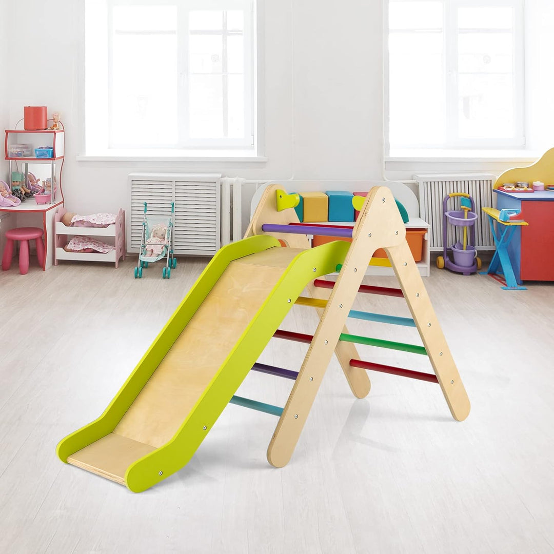 COSTWAY Kletterdreieck mit Rutsche, Klettergerüst aus Holz, Sprossendreieck zum Rutschen und Kletter