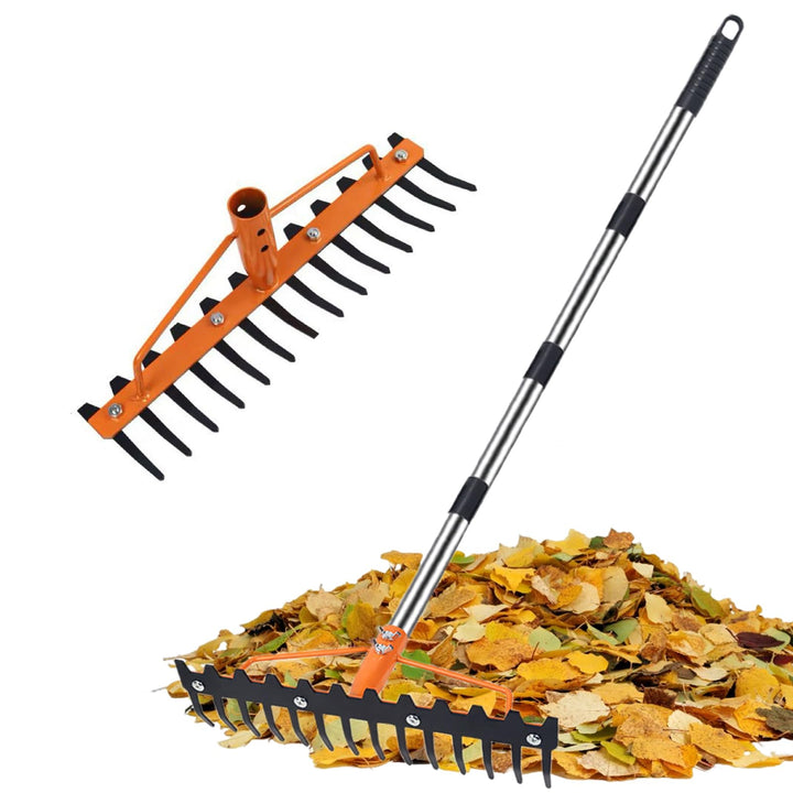 Gartenrechen, 1,6m Robuste Metall Gartenharke mit 17 Stahlzinken, Rasenharke zum Lockern von Boden u
